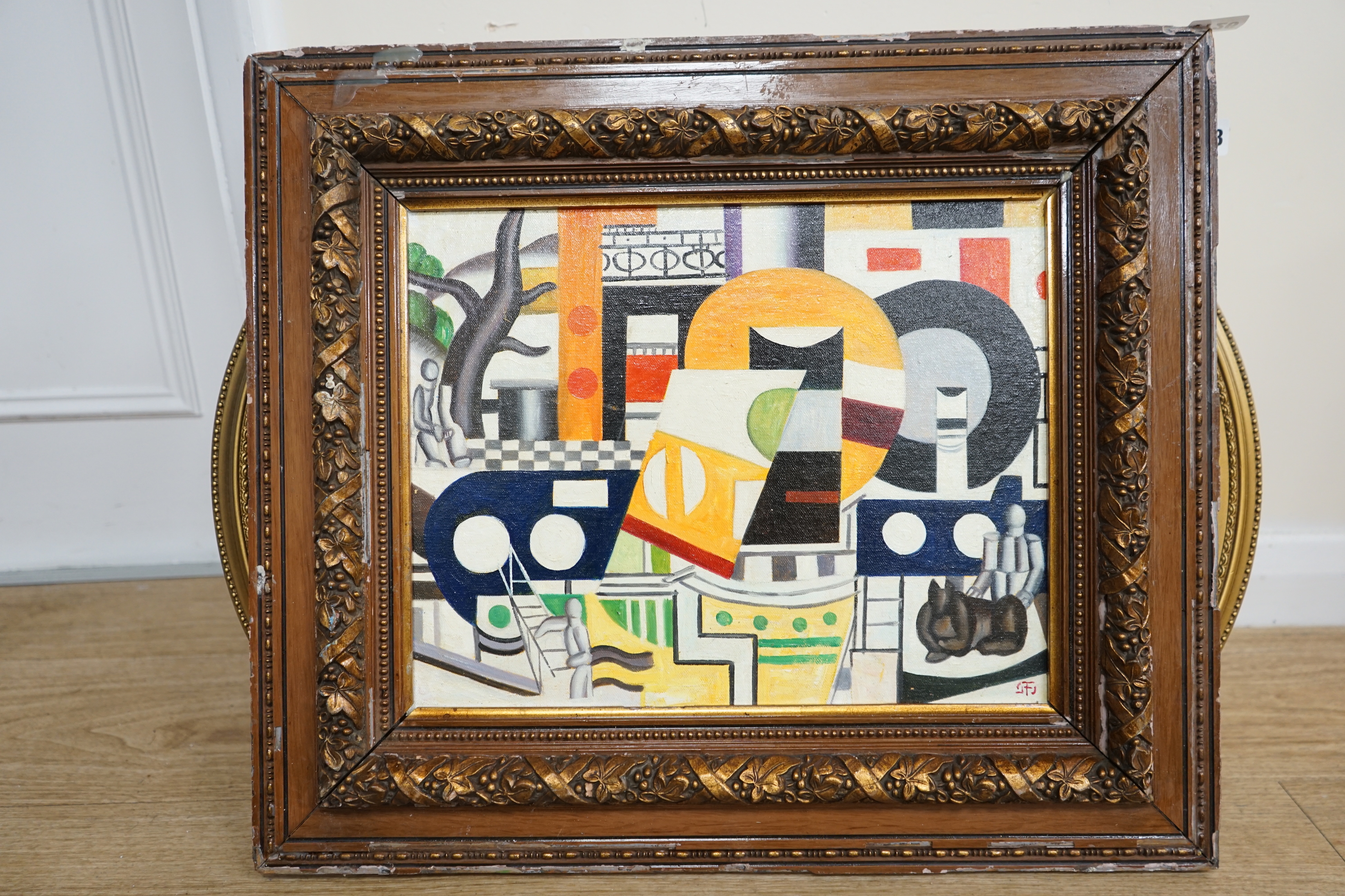 Manner of Fernand Leger (French, 1881-1955) oil on canvas board, Surreal composition, geometric shapes and figures, 29 x 39cm